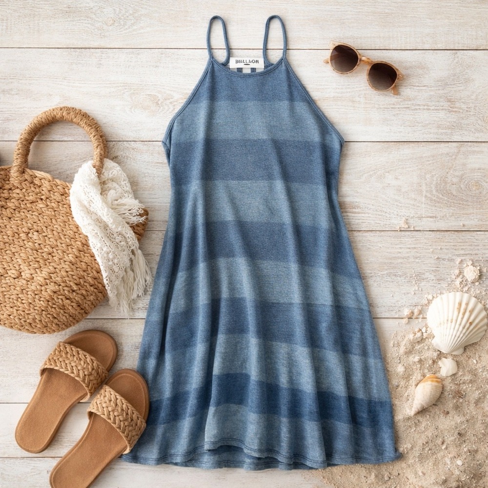 Billabong Women's Blue Striped Halter Swing Mini Dress Cotton Size M Coastal